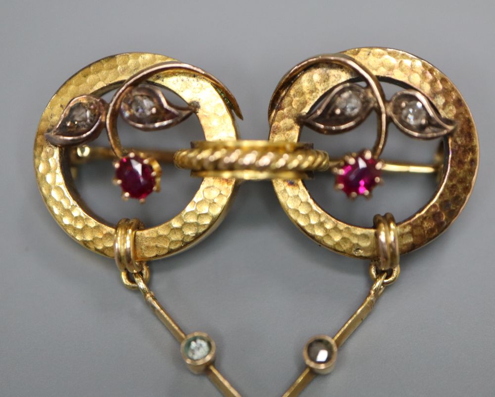 A Victorian yellow metal, ruby, rose cut diamond and carved cameo shell set drop pendant brooch, 61mm, gross 8 grams,